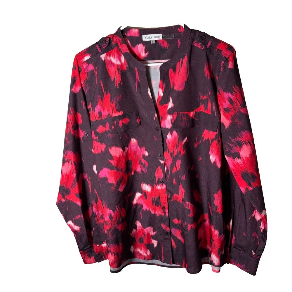 Calvin Klein Blouse Women's Large Button Up Long Sleeve V-Neck Career Top